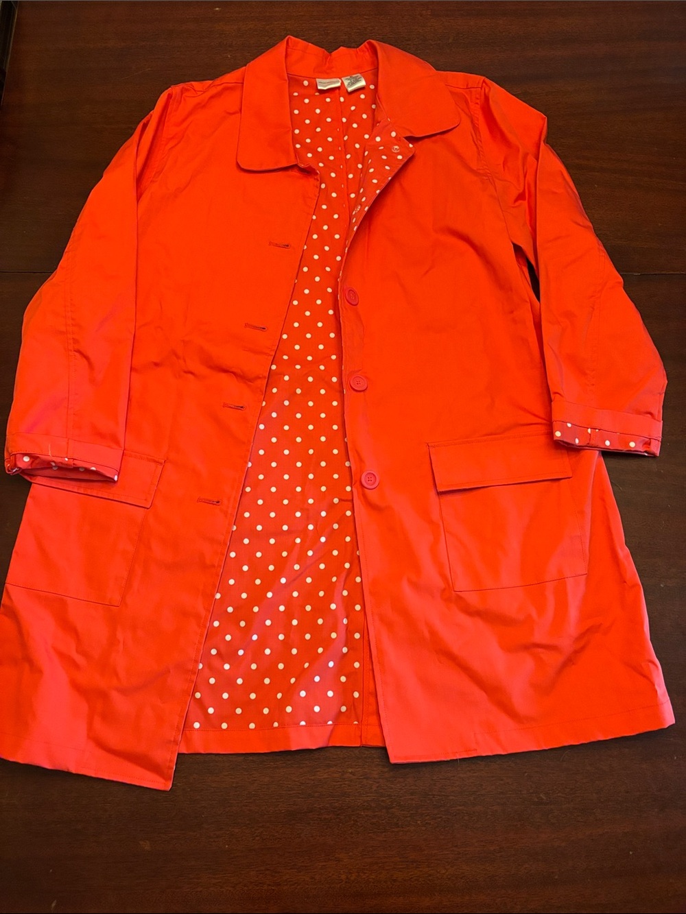 Isaac Mizrahi Bright Red Trench Coat with Polka Dot Lining Never Worn XL NOS